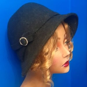 Scala Gray Wool Cloche Style Hat with Bow and Rhinestone Accent